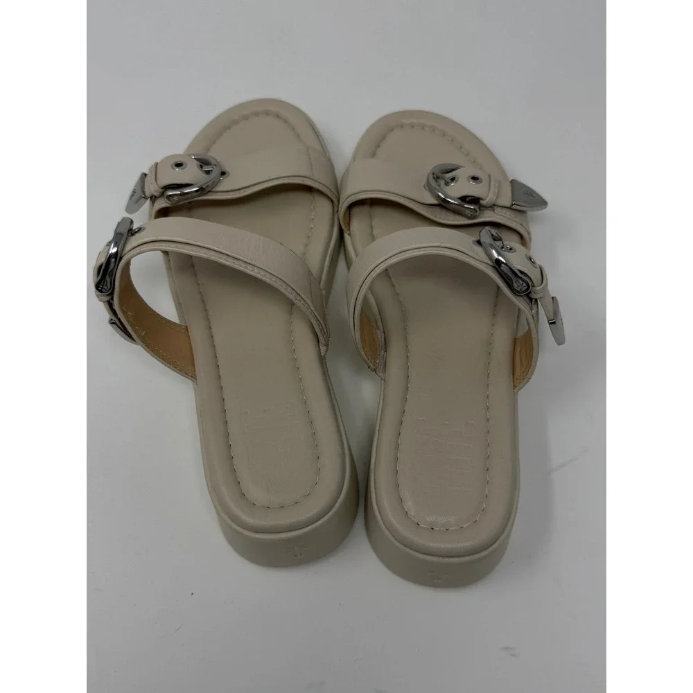 Frye Western Double Buckle Platform Slide Sandal Beige Leather Women Size 8